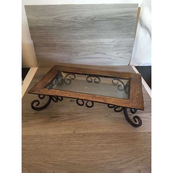 Rustic Metal & Glass Rectangular Centerpiece With Scrollwork Design Gold Finish - Picture 2 of 5